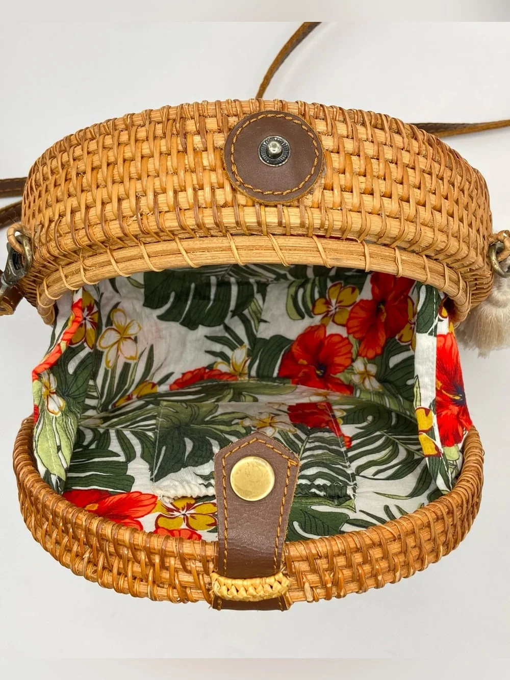 Handmade‎ Woven Round Straw Crossbody Bag with Bali Tropical Lining - Natural